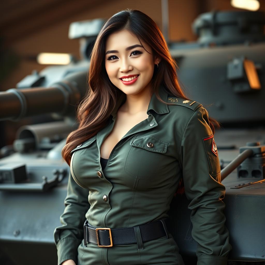 A stunningly beautiful South Korean female soldier with voluptuous curves, prominently featuring her large breasts, dressed in a fitted military uniform that accentuates her figure
