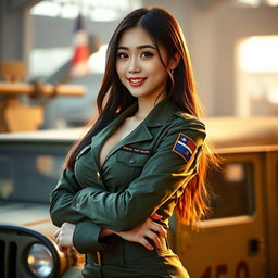A mesmerizingly beautiful South Korean female soldier with prominent curves, including large breasts, dressed in a fitted military uniform that highlights her alluring figure