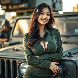 A mesmerizingly beautiful South Korean female soldier with prominent curves, including large breasts, dressed in a fitted military uniform that highlights her alluring figure