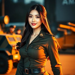 A strikingly beautiful South Korean female soldier with large breasts, depicted in a stylish and fitted military uniform that accentuates her voluptuous figure