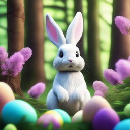 Hyper-realistic 3D image of an Easter Bunny as a forest creature in a mythical forest