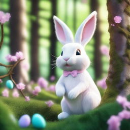 Hyper-realistic 3D image of an Easter Bunny as a forest creature in a mythical forest