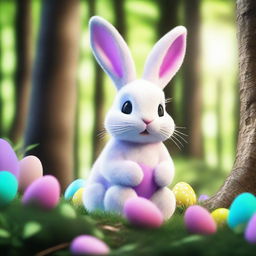 Hyper-realistic 3D image of an Easter Bunny as a forest creature in a mythical forest