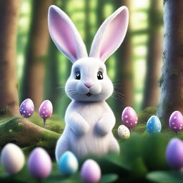 Hyper-realistic 3D image of an Easter Bunny as a forest creature in a mythical forest