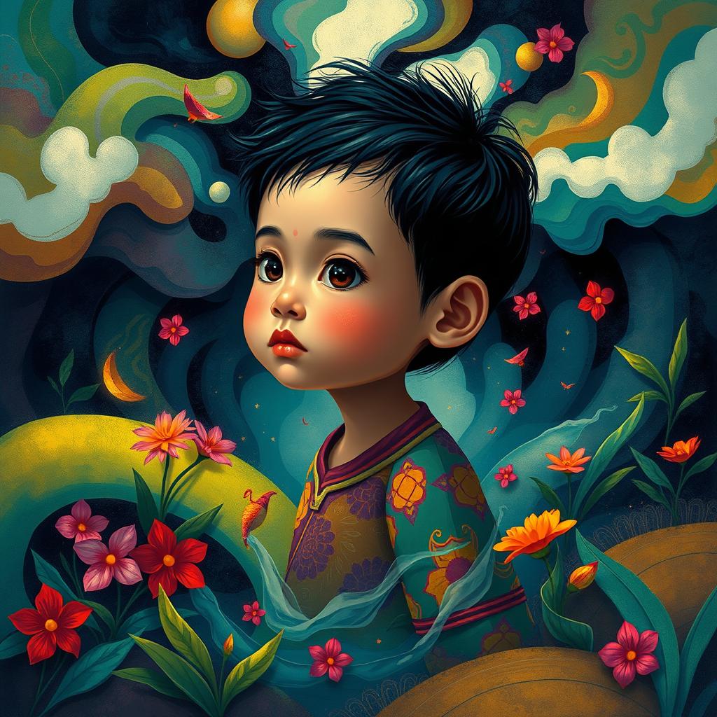 A poignant and imaginative illustration of an Indonesian child metaphorically trapped within their own mind, depicted in a rich, surreal landscape that reflects their emotions and inner struggles