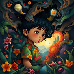 A poignant and imaginative illustration of an Indonesian child metaphorically trapped within their own mind, depicted in a rich, surreal landscape that reflects their emotions and inner struggles