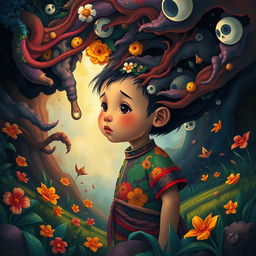 A poignant and imaginative illustration of an Indonesian child metaphorically trapped within their own mind, depicted in a rich, surreal landscape that reflects their emotions and inner struggles