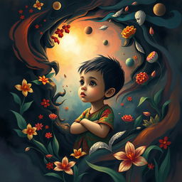 A poignant and imaginative illustration of an Indonesian child metaphorically trapped within their own mind, depicted in a rich, surreal landscape that reflects their emotions and inner struggles