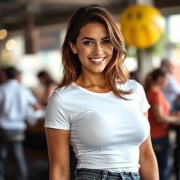 A confident brunette woman wearing a fitted white T-shirt that accentuates her big breasts