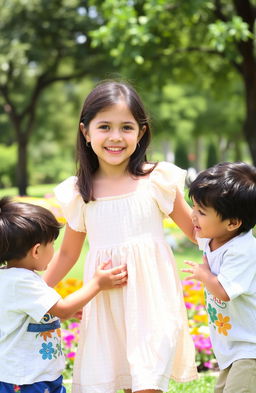 A sweet and cute brunette girl with a joyful smile, dressed in a light summer dress, surrounded by two raven-haired boys who are playfully interacting with her