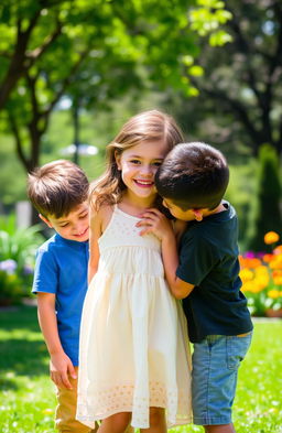 A sweet and cute brunette girl with a joyful smile, dressed in a light summer dress, surrounded by two raven-haired boys who are playfully interacting with her