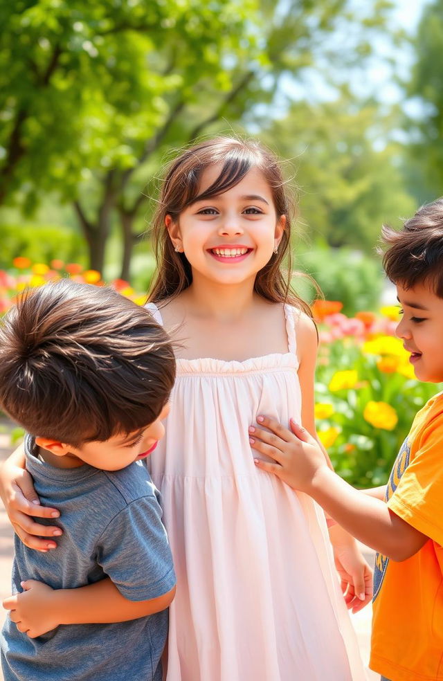 A sweet and cute brunette girl with a joyful smile, dressed in a light summer dress, surrounded by two raven-haired boys who are playfully interacting with her