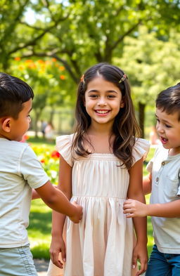 A sweet and cute brunette girl with a joyful smile, dressed in a light summer dress, surrounded by two raven-haired boys who are playfully interacting with her