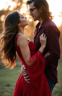 A young woman wearing a flowing red dress with intricate lace detailing, gazing deeply into the eyes of a young man
