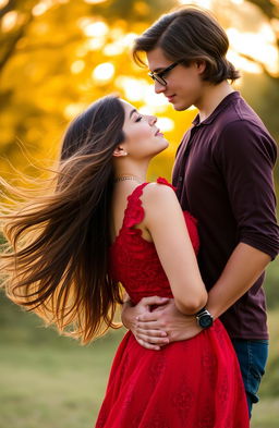 A young woman wearing a flowing red dress with intricate lace detailing, gazing deeply into the eyes of a young man