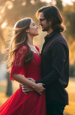 A young woman wearing a flowing red dress with intricate lace detailing, gazing deeply into the eyes of a young man