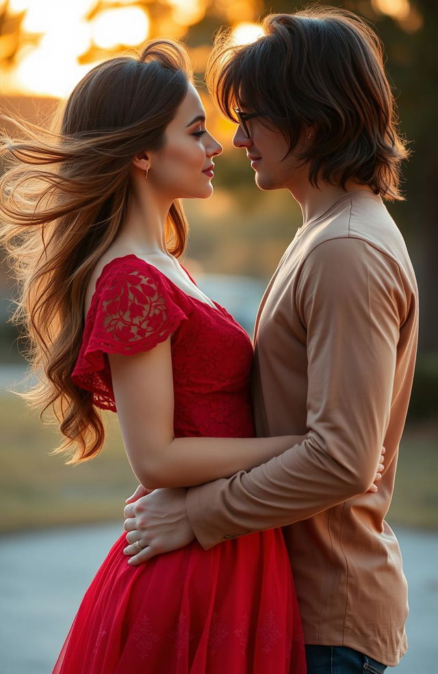 A young woman wearing a flowing red dress with intricate lace detailing, gazing deeply into the eyes of a young man