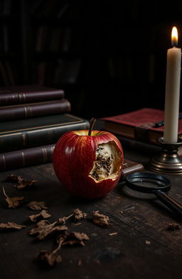 A dark academia aesthetic scene featuring a rotting apple placed on a weathered wooden table