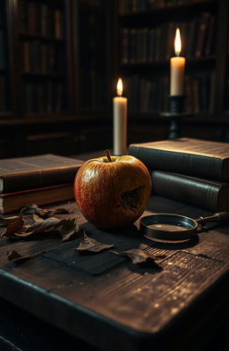 A dark academia aesthetic scene featuring a rotting apple placed on a weathered wooden table