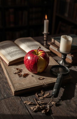 A dark academia aesthetic scene featuring a rotting apple placed on a weathered wooden table