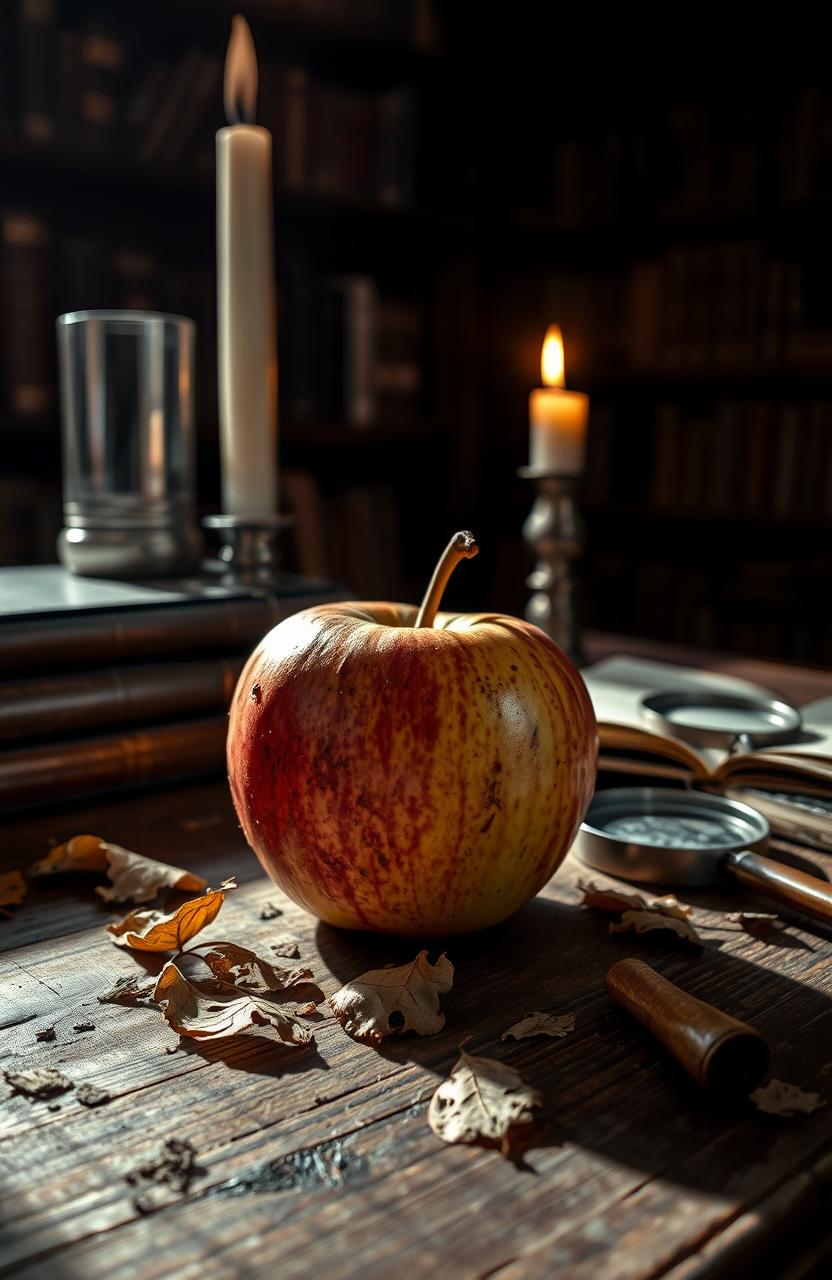 A dark academia aesthetic scene featuring a rotting apple placed on a weathered wooden table