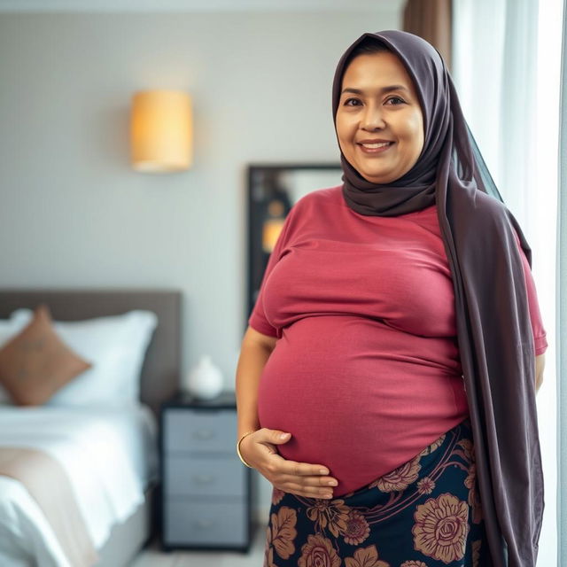 A beautiful 56-year-old Indonesian woman in a hotel setting, showcasing her twin pregnancy with a huge, round belly