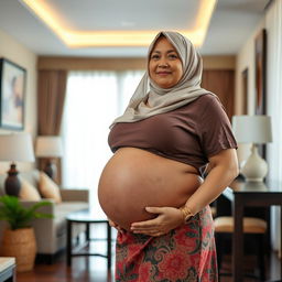 A beautiful 56-year-old Indonesian woman in a hotel setting, showcasing her twin pregnancy with a huge, round belly