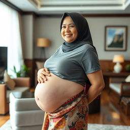A beautiful 56-year-old Indonesian woman in a hotel setting, showcasing her twin pregnancy with a huge, round belly