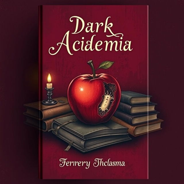 A book cover design inspired by dark academia featuring a rotting apple prominently in the center