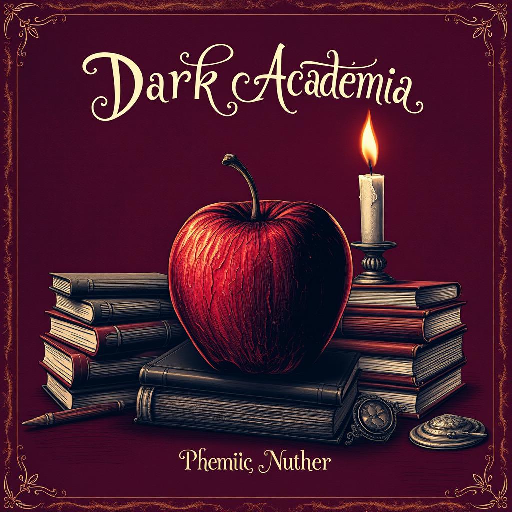 A book cover design inspired by dark academia featuring a rotting apple prominently in the center