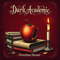 A book cover design inspired by dark academia featuring a rotting apple prominently in the center