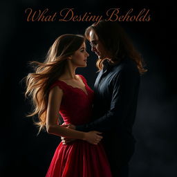 A young woman wearing a flowing red dress with intricate lace detailing, gazing deeply into the eyes of a young man