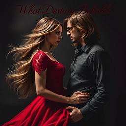 A young woman wearing a flowing red dress with intricate lace detailing, gazing deeply into the eyes of a young man