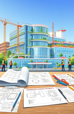 A detailed illustration of a modern hospital infrastructure project, showcasing the exterior of a large, advanced hospital building with glass facades and green landscaping