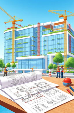 A detailed illustration of a modern hospital infrastructure project, showcasing the exterior of a large, advanced hospital building with glass facades and green landscaping