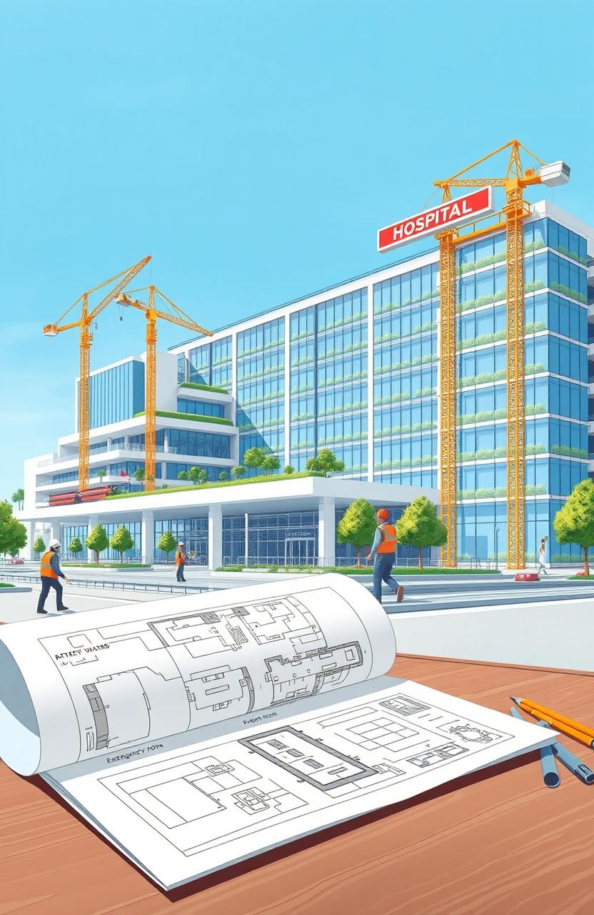 A detailed illustration of a modern hospital infrastructure project, showcasing the exterior of a large, advanced hospital building with glass facades and green landscaping