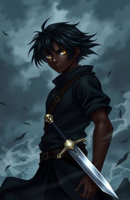 A dark-skinned young man with short, flowing black hair and striking golden eyes stands confidently in a world shrouded in darkness