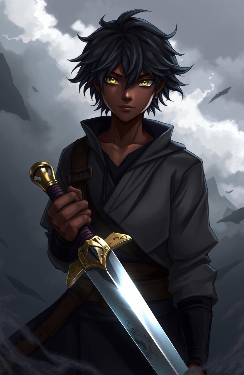 A dark-skinned young man with short, flowing black hair and striking golden eyes stands confidently in a world shrouded in darkness