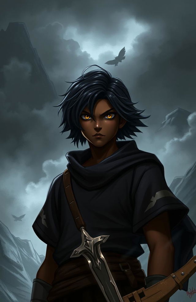 A dark-skinned young man with short, flowing black hair and striking golden eyes stands confidently in a world shrouded in darkness