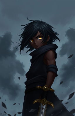 A dark-skinned young man with short, flowing black hair and striking golden eyes stands confidently in a world shrouded in darkness