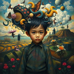 A poignant and imaginative depiction of an Indonesian child metaphorically trapped in their own mind, set against a rich, surreal landscape that vividly illustrates their emotional struggles