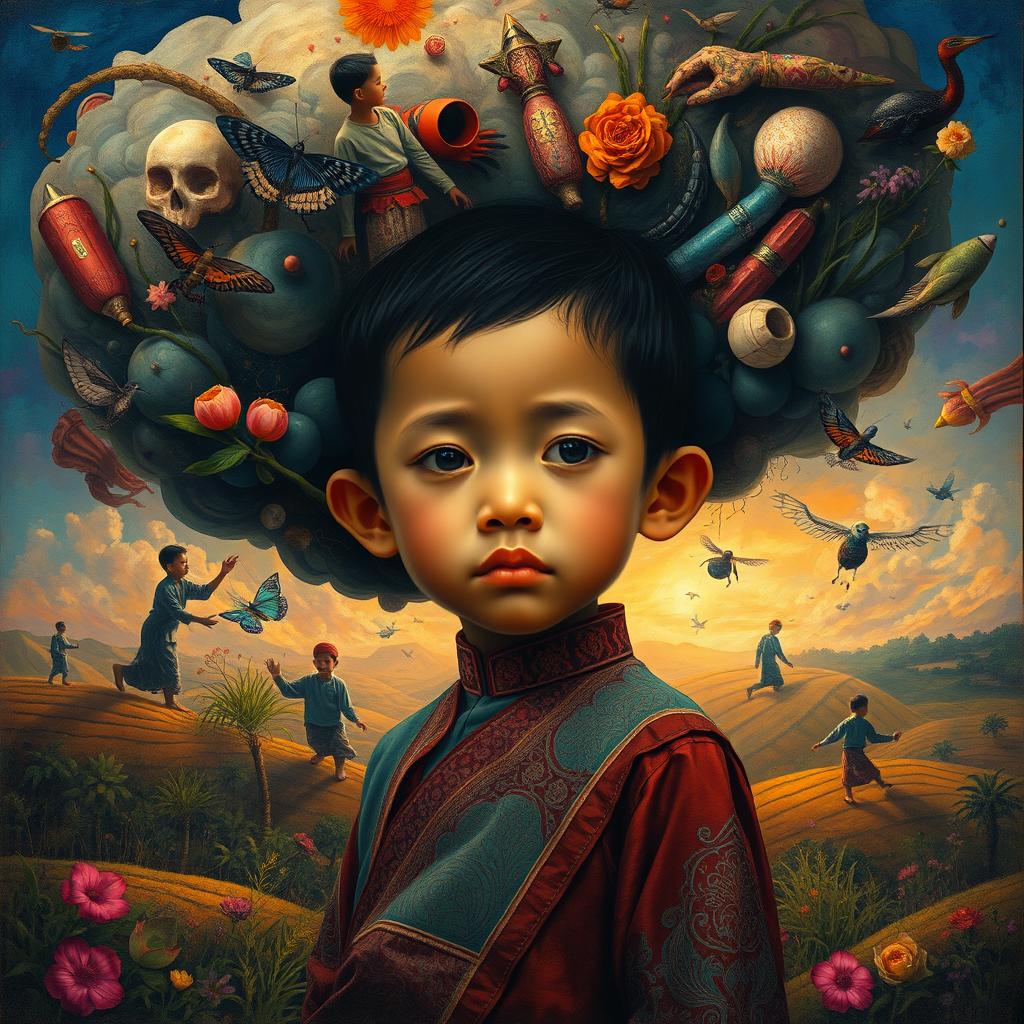 A poignant and imaginative depiction of an Indonesian child metaphorically trapped in their own mind, set against a rich, surreal landscape that vividly illustrates their emotional struggles