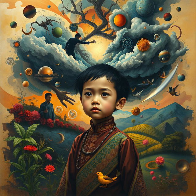 A poignant and imaginative depiction of an Indonesian child metaphorically trapped in their own mind, set against a rich, surreal landscape that vividly illustrates their emotional struggles