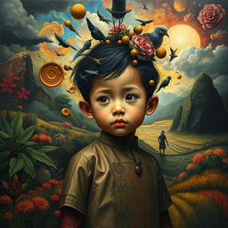 A poignant and imaginative depiction of an Indonesian child metaphorically trapped in their own mind, set against a rich, surreal landscape that vividly illustrates their emotional struggles