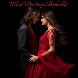 A young woman wearing a flowing red dress with intricate lace detailing, gazing deeply into the eyes of a young man