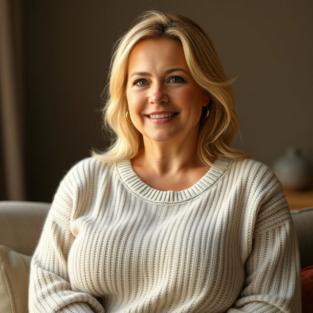 A grown woman with blonde hair wearing a cozy, light sweater that comfortably highlights her large breasts