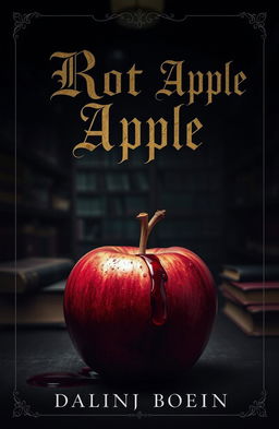 A dark academia book cover featuring a rotten apple with droplets of blood on its surface