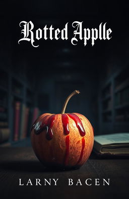A dark academia book cover featuring a rotten apple with droplets of blood on its surface