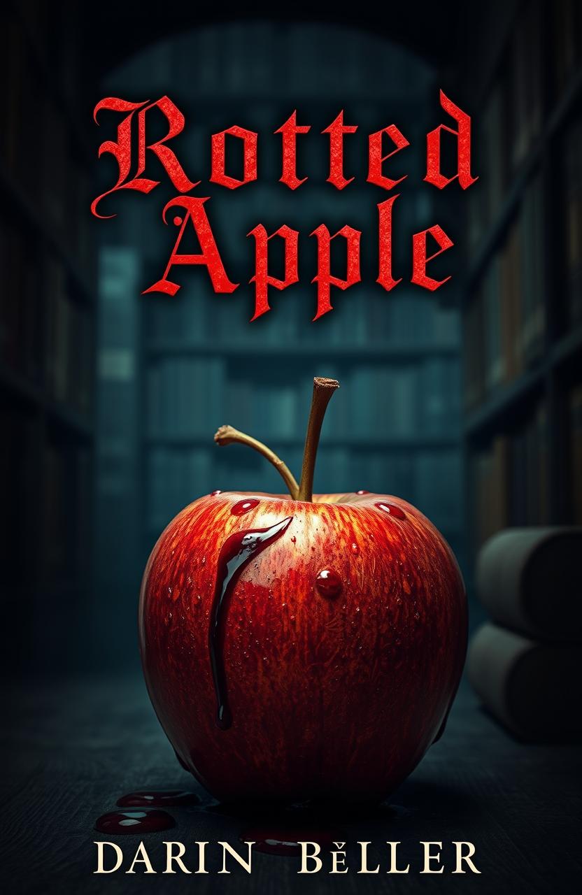 A dark academia book cover featuring a rotten apple with droplets of blood on its surface