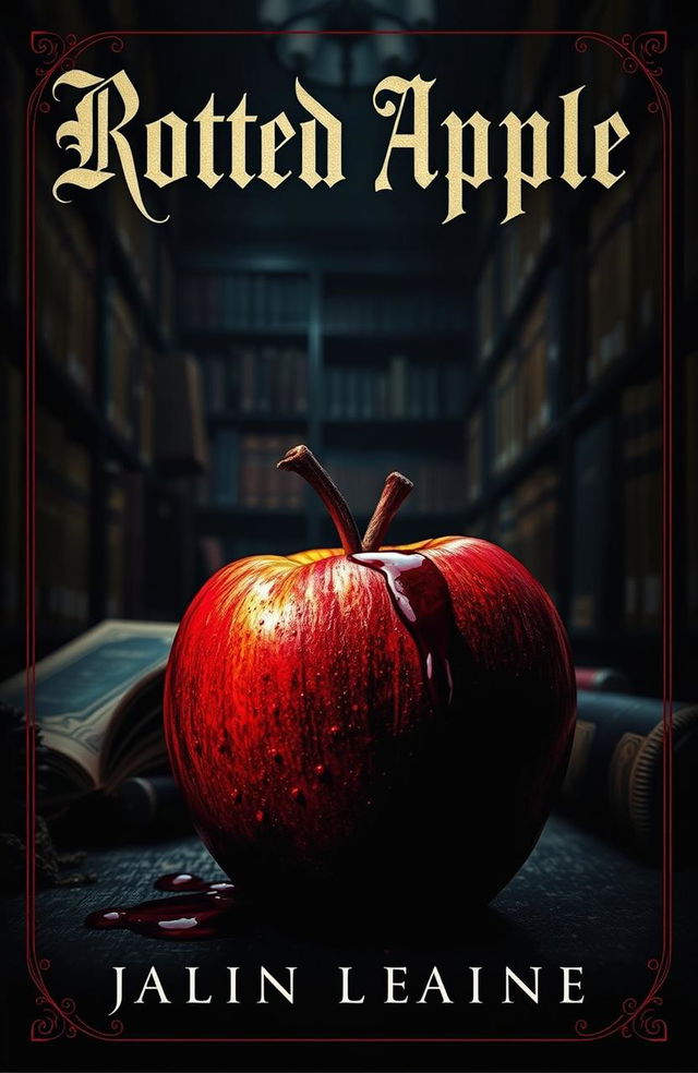 A dark academia book cover featuring a rotten apple with droplets of blood on its surface